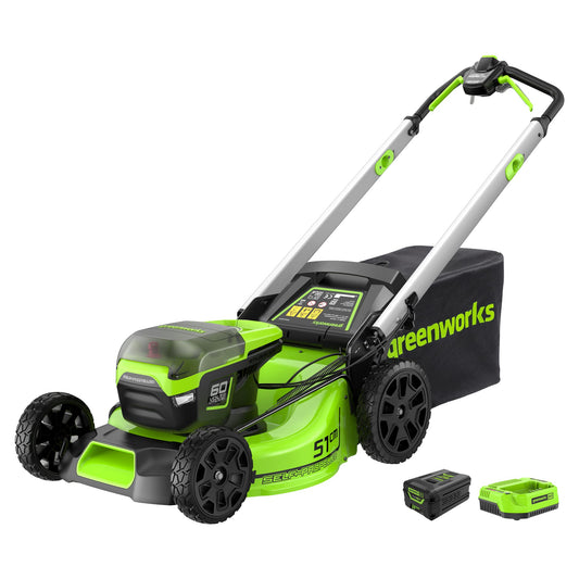 Greenworks Pro 60V 51cm Brushless Nascower Kabellos Schnitthöhe 25-85mm Klappgriff Vertikale Lagerung mit 60 Liter Beutel (mit Akku und 4Ah Ladegerät)